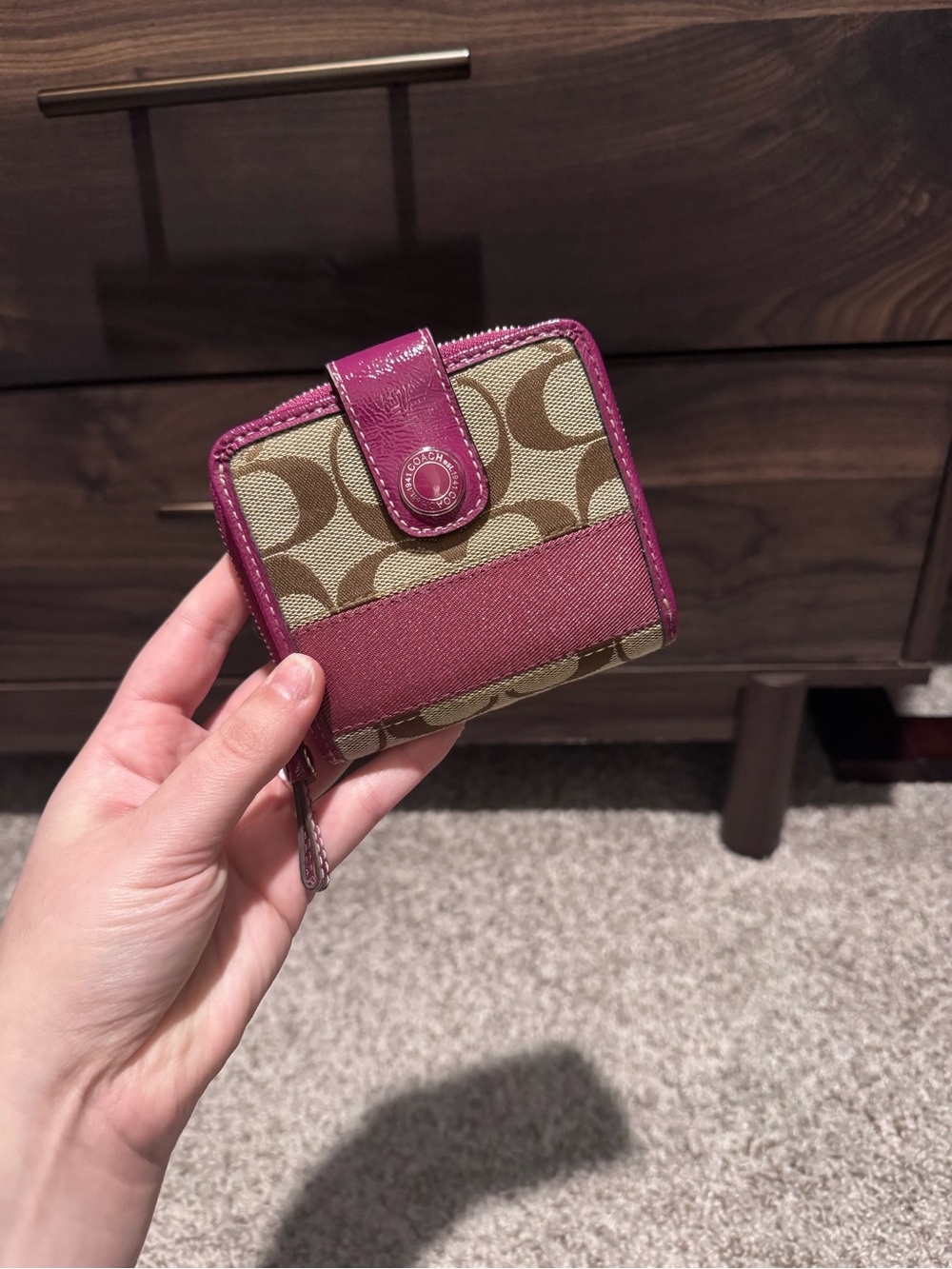 Coach Coated Canvas Card Holder with Pink Trim